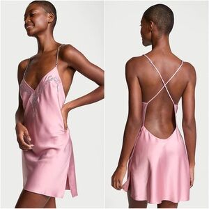 Victoria’s Secret Slip Dress Rose Pink Shine Twinkle Bows Satin Open Back Sz S